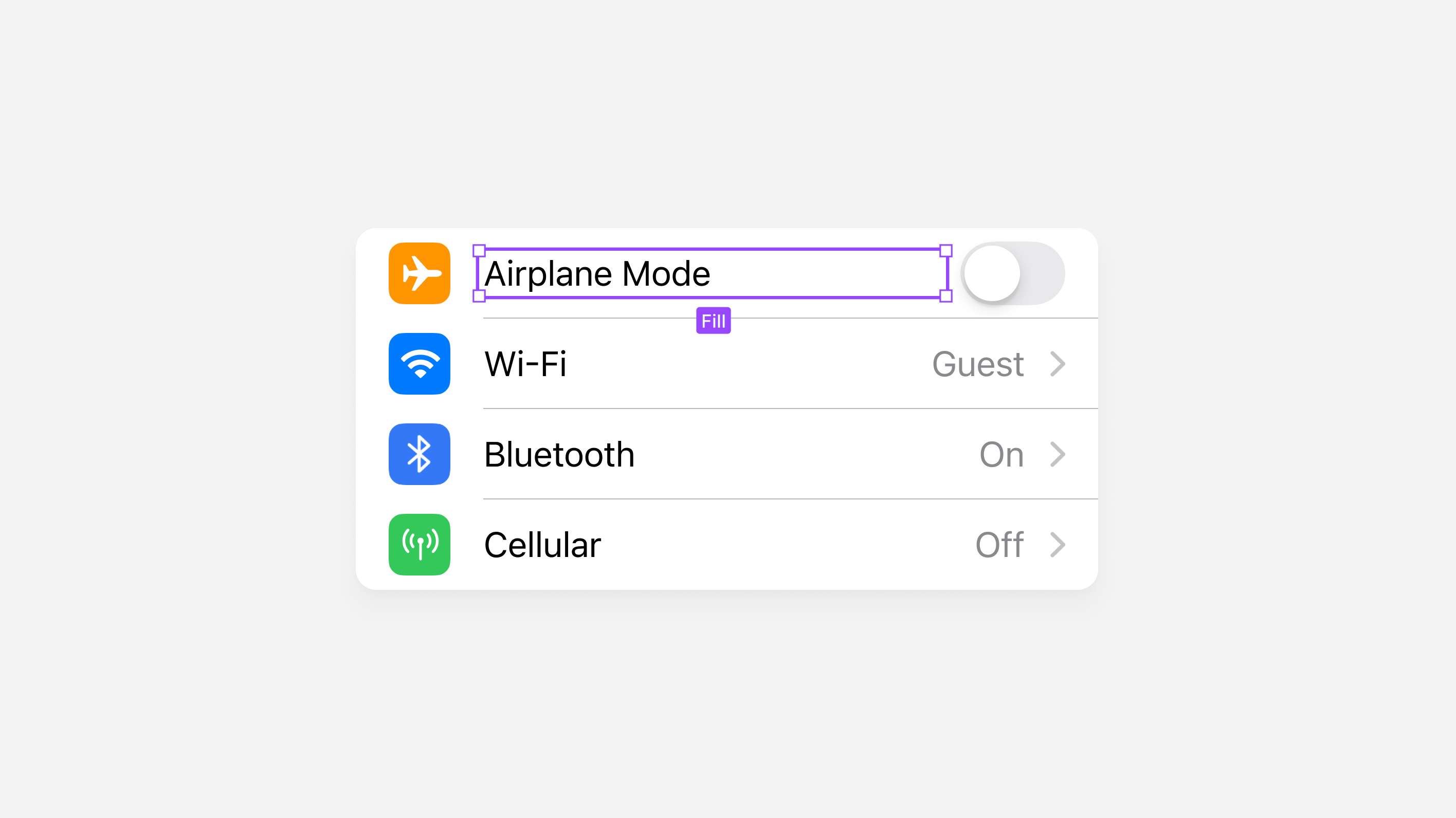 An iOS TableRow that shows the Airplane mode row, with the text "Airplane Mode" selected.