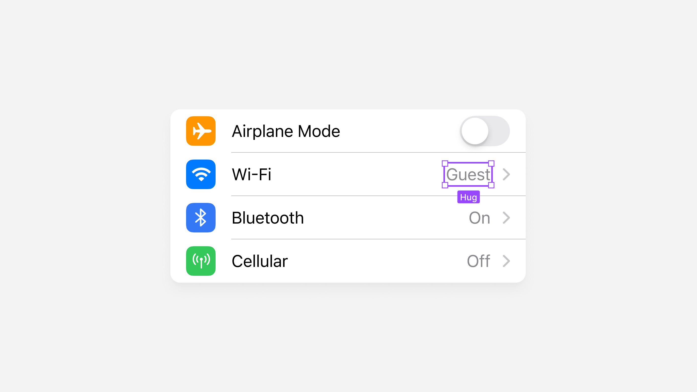 iOS TableView with a WiFi row, and the WiFi name "Guest" selected.