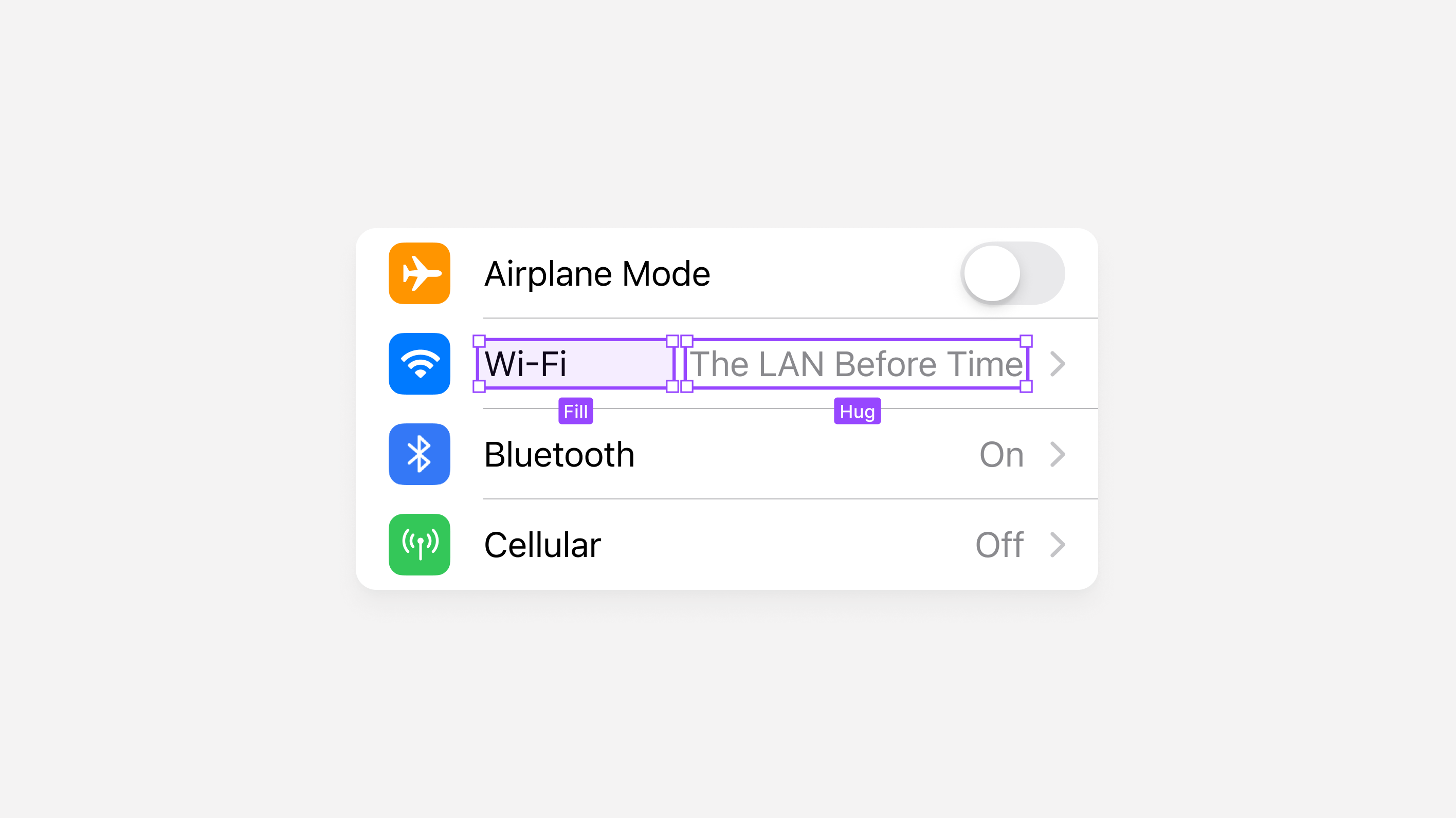 iOS TableView with the WiFi row selected, and both the WiFi label and WiFi name selected, showing Hug vs. Fill.