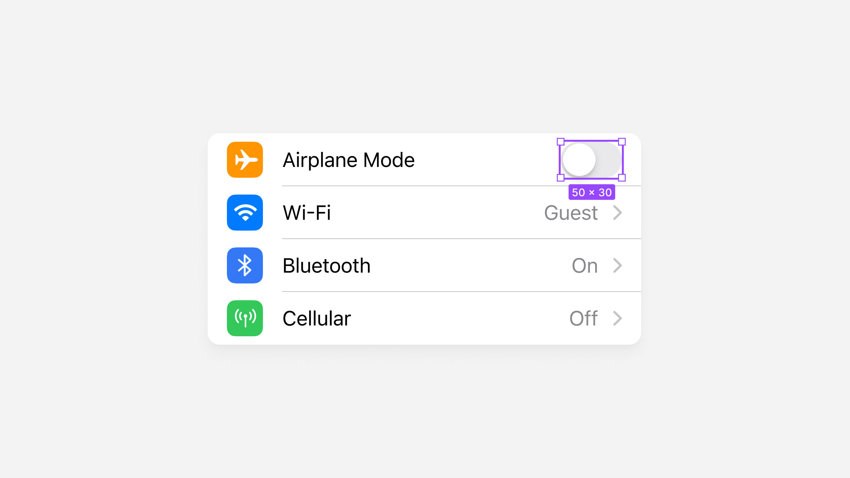 A Toggle selected within an iOS TableRow.