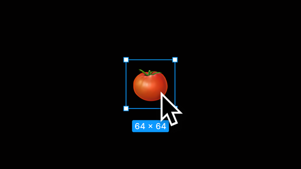 A tomato emoji with a Figma frame selection around it and a cursor pointing to it.